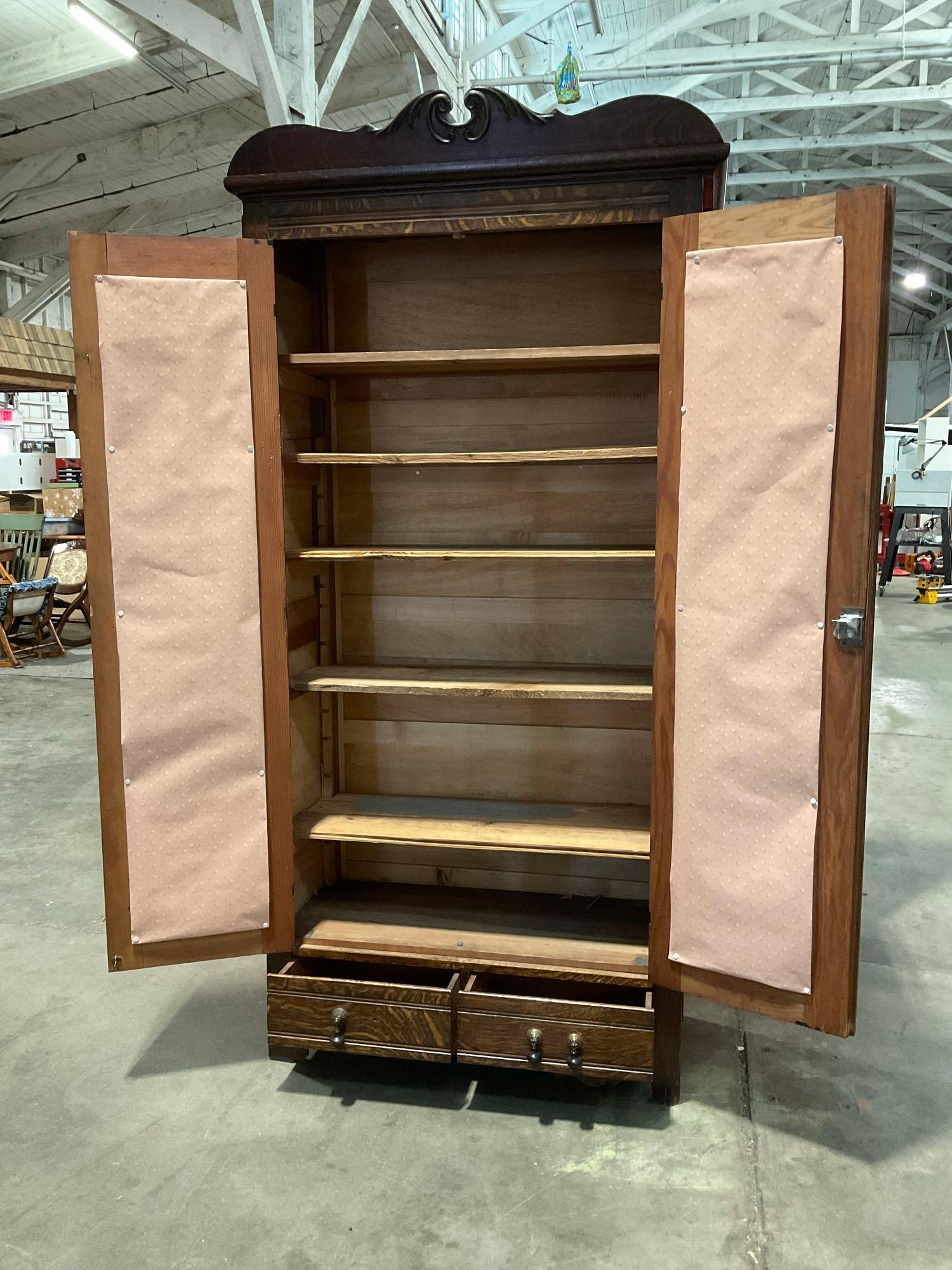 Antique Tacoma Furniture & Outfitting Co. Stained Tiger Oak Armoire w/ 5 Shelves & 2 Drawers. See
