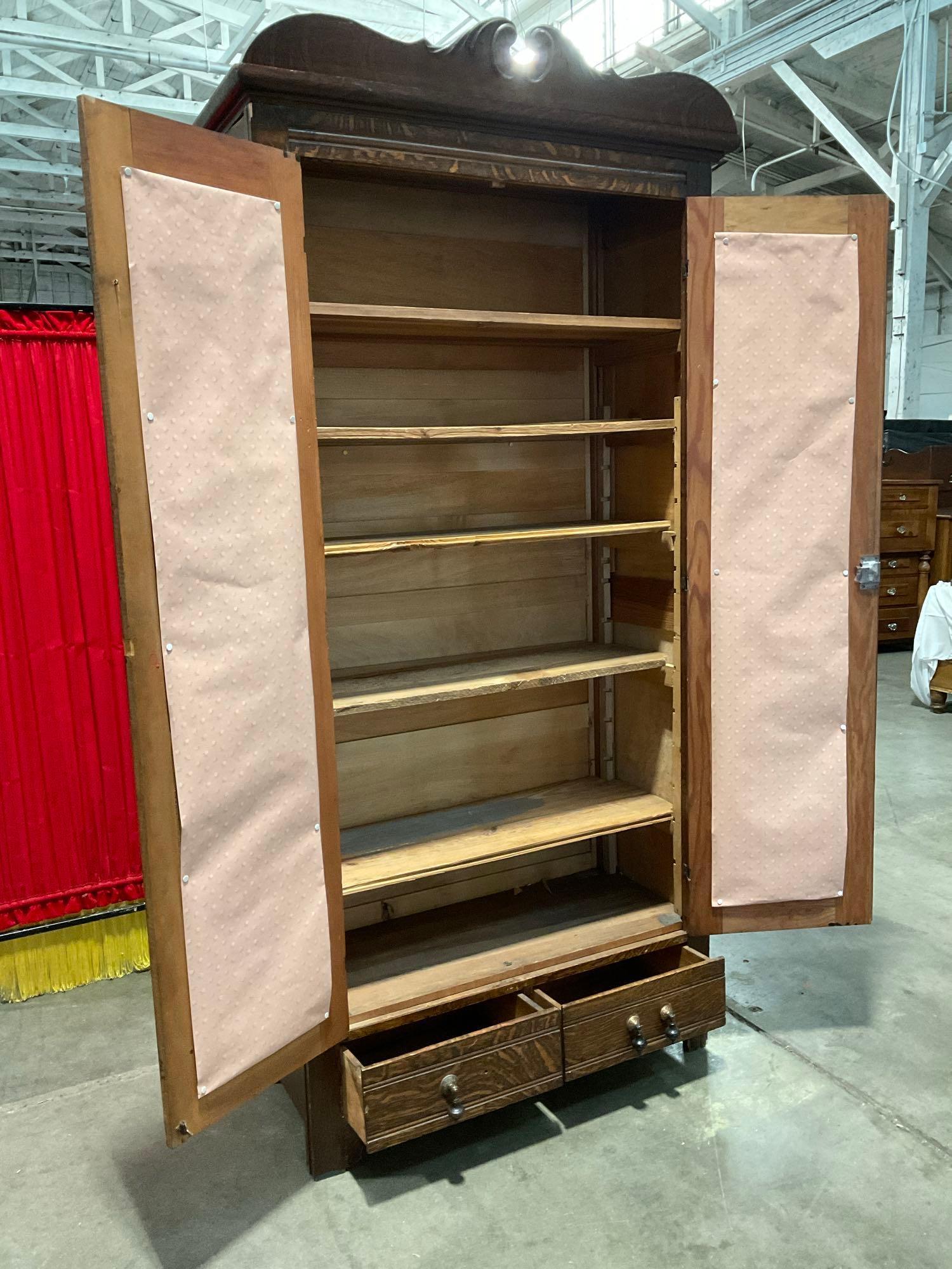 Antique Tacoma Furniture & Outfitting Co. Stained Tiger Oak Armoire w/ 5 Shelves & 2 Drawers. See