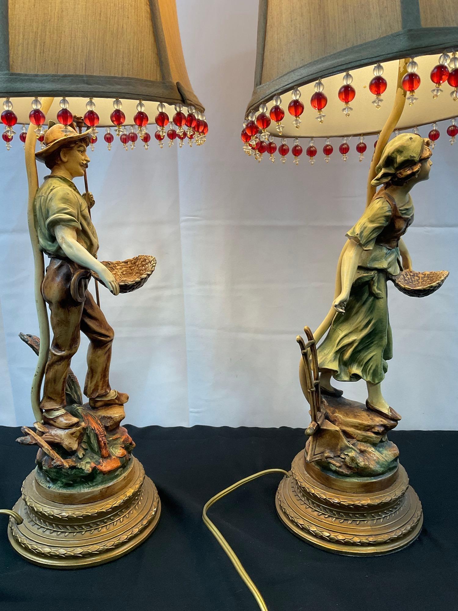 Pair of Figural Handpainted Cast Metal Lamps, Possibly L&F Moreau, Tested and working