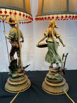Pair of Figural Handpainted Cast Metal Lamps, Possibly L&F Moreau, Tested and working