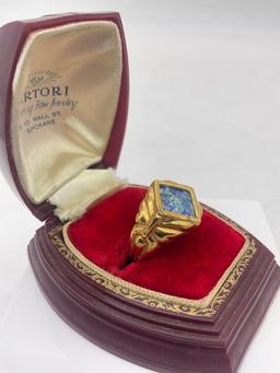 Gold plated vermeil sterling silver mens sz 9 art deco ring with mosaic inlay setting