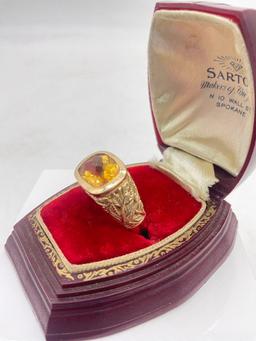 Lovely 14k gold leaf motif design cocktail ring sz 9 with faceted citrine stone 11.13 grams