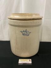 Large 3 Gallon Robinson Ransbottom Blue Crown Crock, Stoneware cream colored Glaze w/ Lid