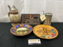 Pair of Vintage Steins by Avon & Gerz, Pair of Wooden German Plates, Wall Hanging Kitchen Diorama