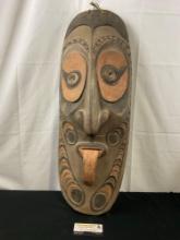 Large African Mask Carved Wood, Painted Brown, White, Coral Pink, 29.5 inch tall