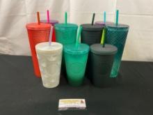9 Starbucks Collectible Tumblers w/ Lids & Straws, 16 & 24 ounce, Teal, Orange, White, and more
