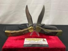 Pair of Vintage Buck 110 Folding Pocket Hunting Knives, Brass and Wooden handles