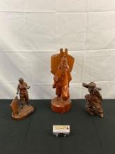 3 pcs Vintage Hand Carved Wooden Figurines. 2 x pre WWII Monkey God. Man w/ Basket. See pics.