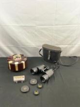 Vintage Pair of Shrine Manon Binoculars No. 289559 w/ Leather Case. Vintage Poker Chip Set. See