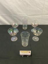 6 pcs Vintage 1930s Prismatic Iridescent Clear Drinking Cups. 4 Wine & 2 Water Glasses. See pics.