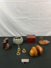 8 pcs Vintage Decorative Assortment. Red Lacquer Box w/ Cranes. Turned Wood Bookends. See pics.