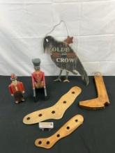 6 pcs Vintage Wooden Decorative Assortment. Rustic Olde Crow Sign. 2 Antique Sock Dryers. See pics.