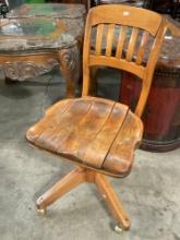 Vintage Shepherd Industrial Wooden Wheeled Rolling Office Chair. Measures 17" x 31" See pics.