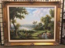 Large original oil on canvas tropical landscape scene in frame signed artist J Dubois