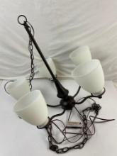 Vintage Dark Brown Metal Hanging Ceiling Lamp w/ 5 Lights & Frosted Glass Shades. See pics.