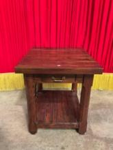 Vintage Bassett Mission Style Wooden Side Table w/ Drawer & Low Shelf. Measures 27" x 26" See pics.