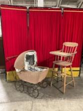 2 pcs Antique Baby Furniture. Spindle Back Wooden High Chair & Painted Wicker Bassinet. See pics.
