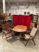 Vintage Expanding Wooden Patio Table w/ Concealed Leaf & 6 Wood Folding Patio Chairs. See pics.