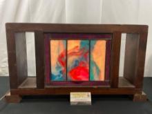 Stained Glass Panel Lamp w/ Wooden Frame, Red/White/Blue Swirl Glass