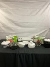 Food Saver Magic Vac Maxima Sealer & Several Bags of Vaccuum Rolls & Air Sealing Tupperware & Pots