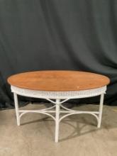Vintage Long Oval White Painted Wicker Side or Hall Table w/ Tiger Oak Top. Measures 48" x 29" See