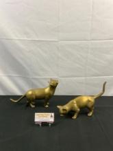 2 pcs Vintage Brass Cat Decorative Figural Statuettes, Unsigned. Measures 13" x 7" See pics.