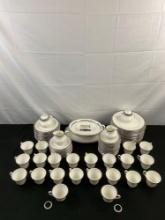 104 pcs Vintage Royal Doulton White & Silver English Bone China Dinner Set Pattern Sarabande. See