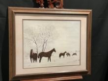 Framed Print titled Crisp Glen by R.Wm Couch, depicting Brown Horses in Snowy Field