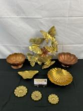 8 pcs Vintage Brass & Copper Decorative Assortment. Butterfly Dish, 2x Copper Bowls, Scallop Dish.