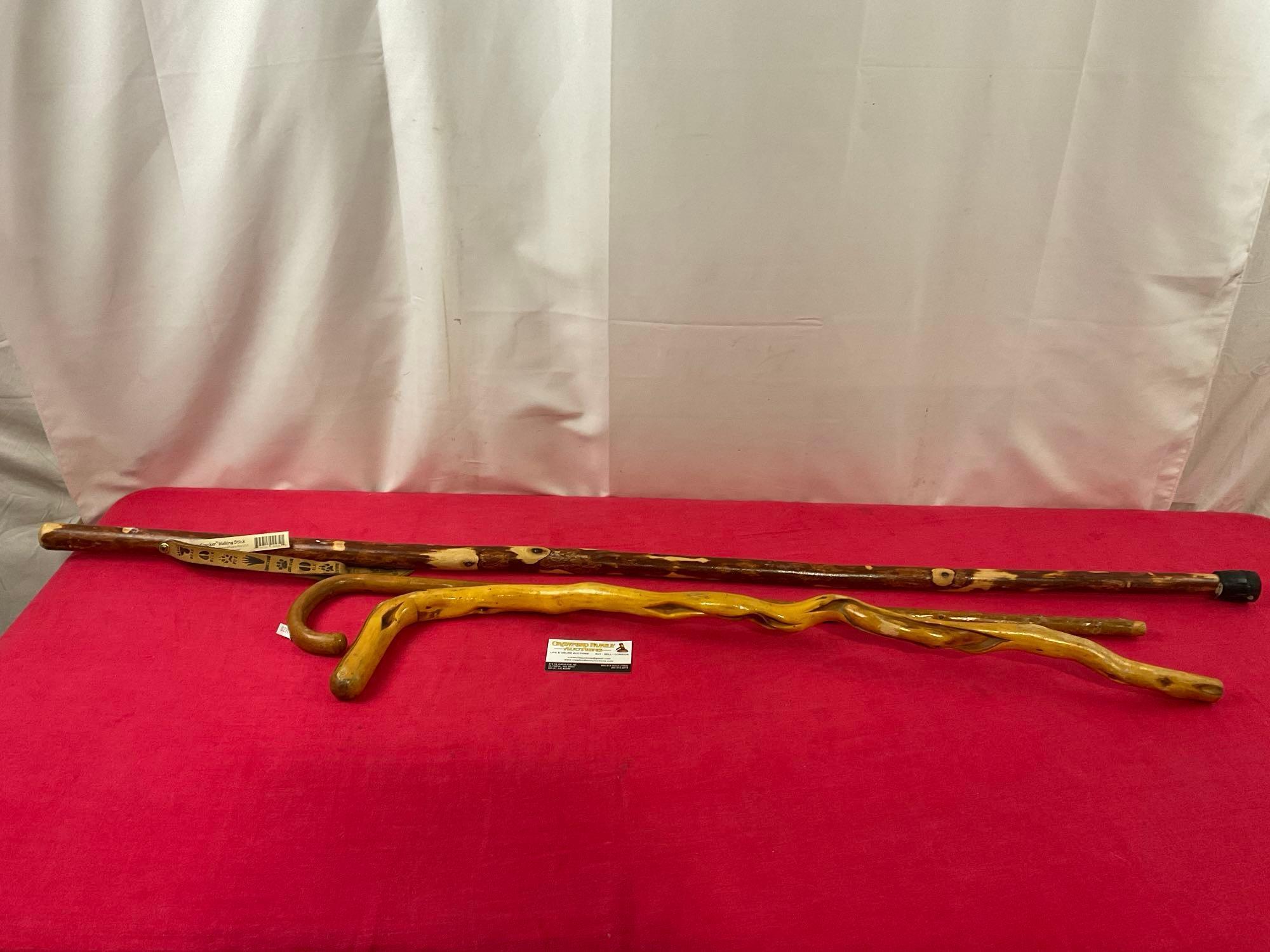 Three Walking Canes & Stick, Natural Knotty Vine, Cane & Whistle Creek Tracker Walking Stick 55 i...