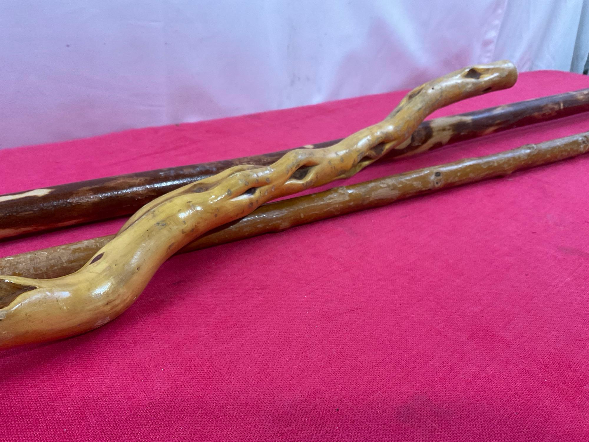Three Walking Canes & Stick, Natural Knotty Vine, Cane & Whistle Creek Tracker Walking Stick 55 i...