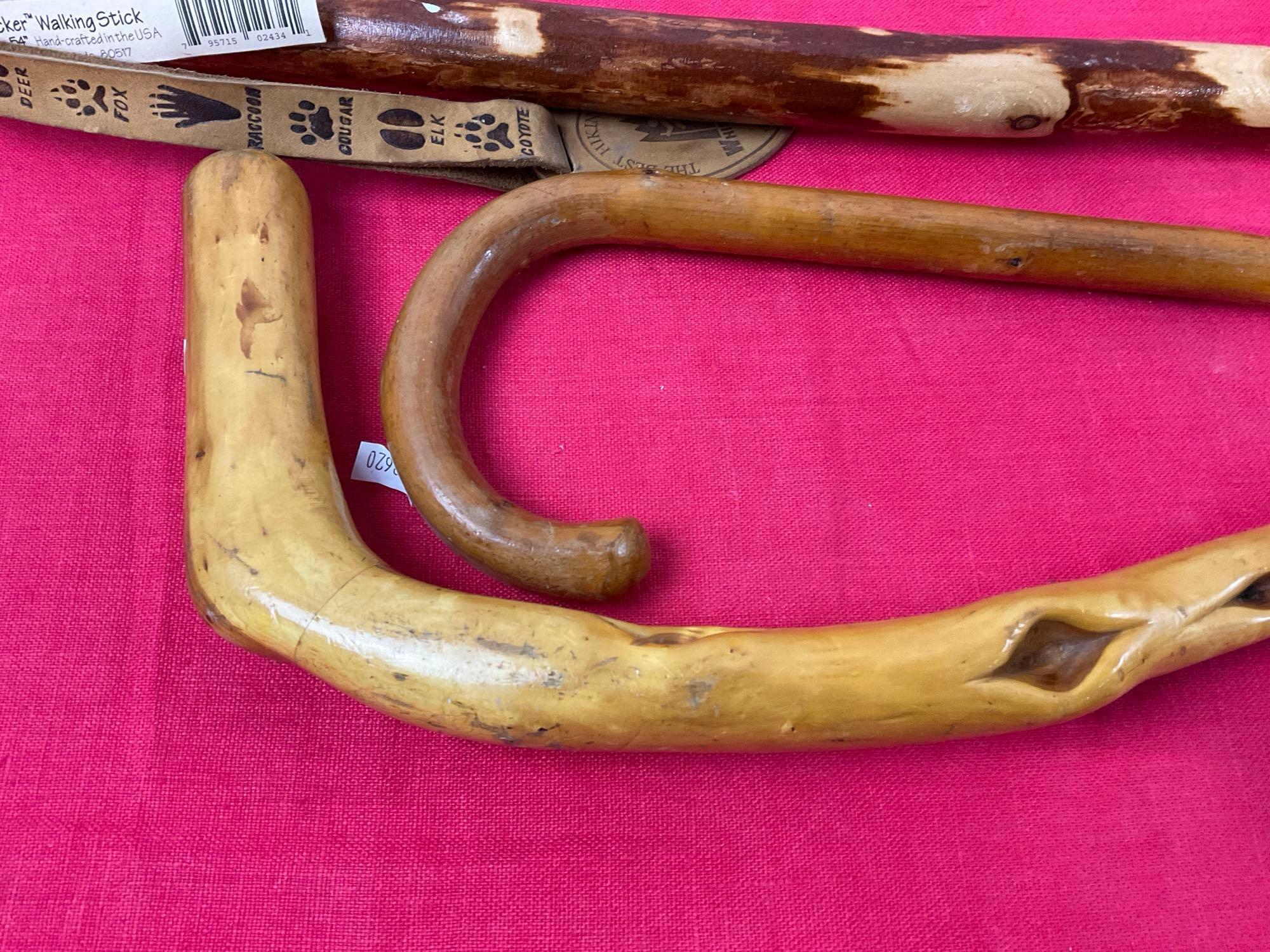 Three Walking Canes & Stick, Natural Knotty Vine, Cane & Whistle Creek Tracker Walking Stick 55 i...