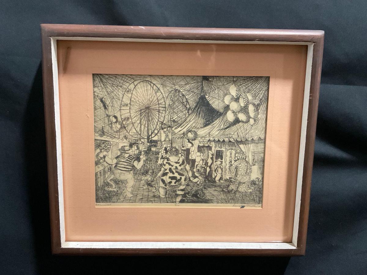 Framed Pen Drawing titled Carnival by C. Ronald Muth, 13.25h x 15.5w inches