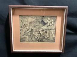 Framed Pen Drawing titled Carnival by C. Ronald Muth, 13.25h x 15.5w inches