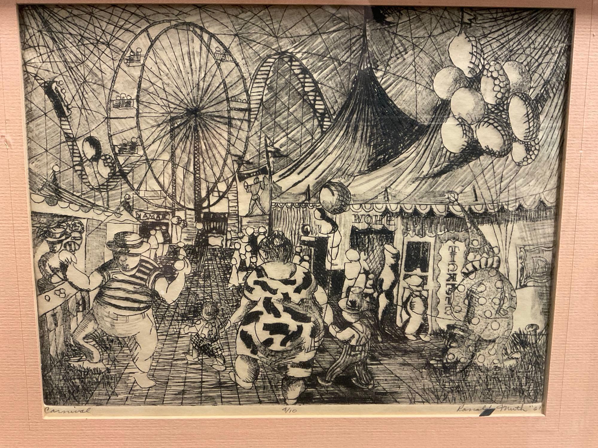 Framed Pen Drawing titled Carnival by C. Ronald Muth, 13.25h x 15.5w inches