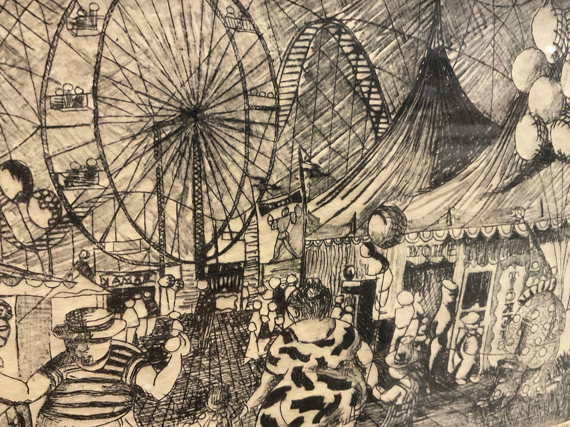 Framed Pen Drawing titled Carnival by C. Ronald Muth, 13.25h x 15.5w inches