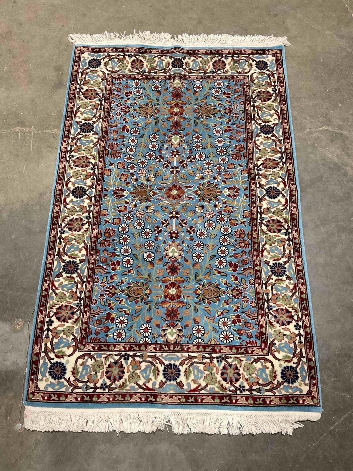 Sky Blue & Cream Persian Style Wool? Rug w/ Floral Design. Excellent Condition. See pics.