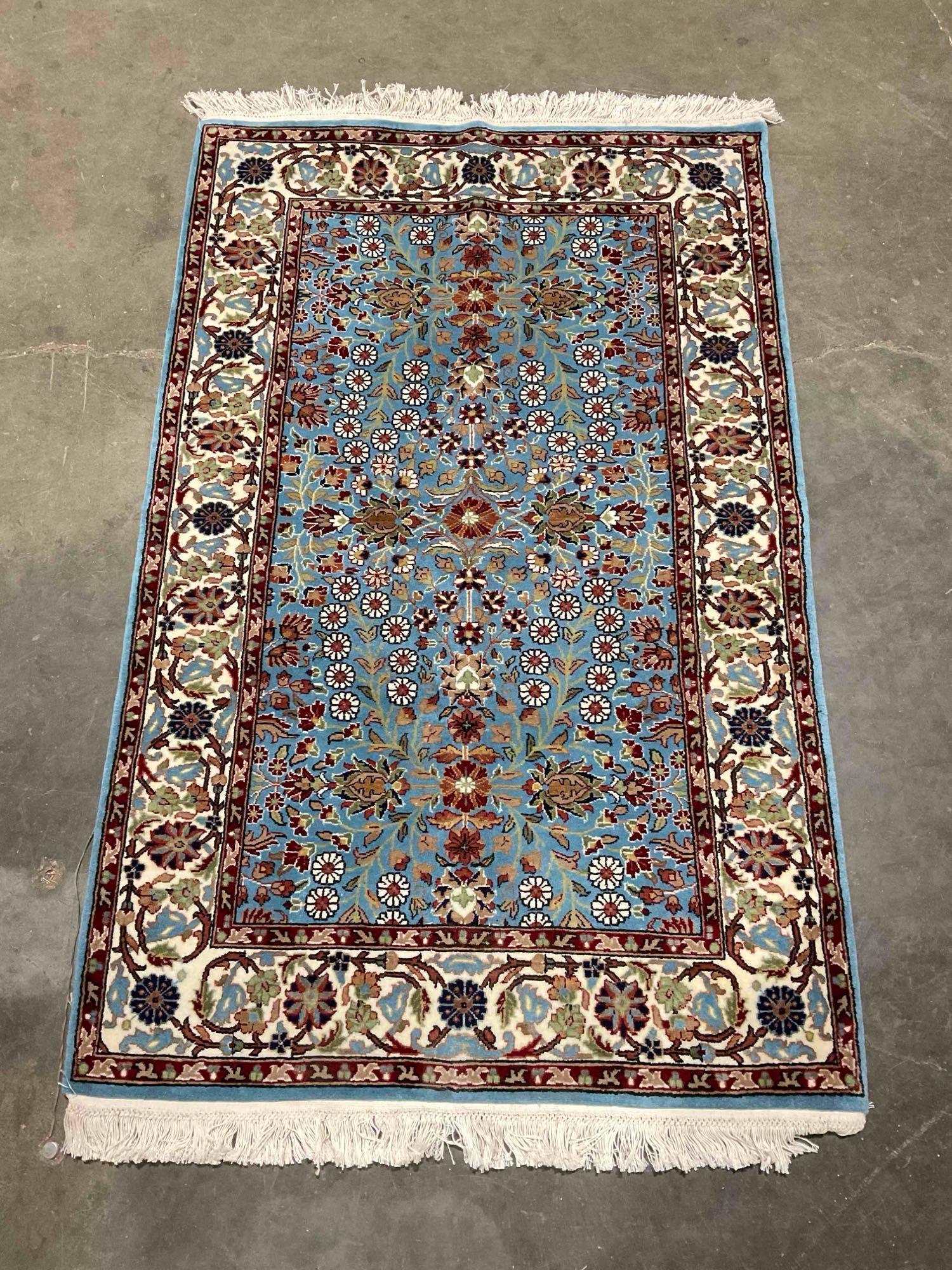 Sky Blue & Cream Persian Style Wool? Rug w/ Floral Design. Excellent Condition. See pics.