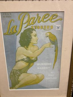Trio of Parrot Art, Alfonso T. Toran Three Parrots, Linocut Rainbow, & La Paree Mens Magazine Cover