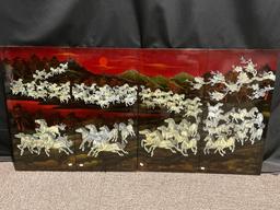 Stunning 4 Panel Art piece, Lacquered & Painted w/ MOP Inlaid Horses, ea. panel is 31.5h x 15.5w "