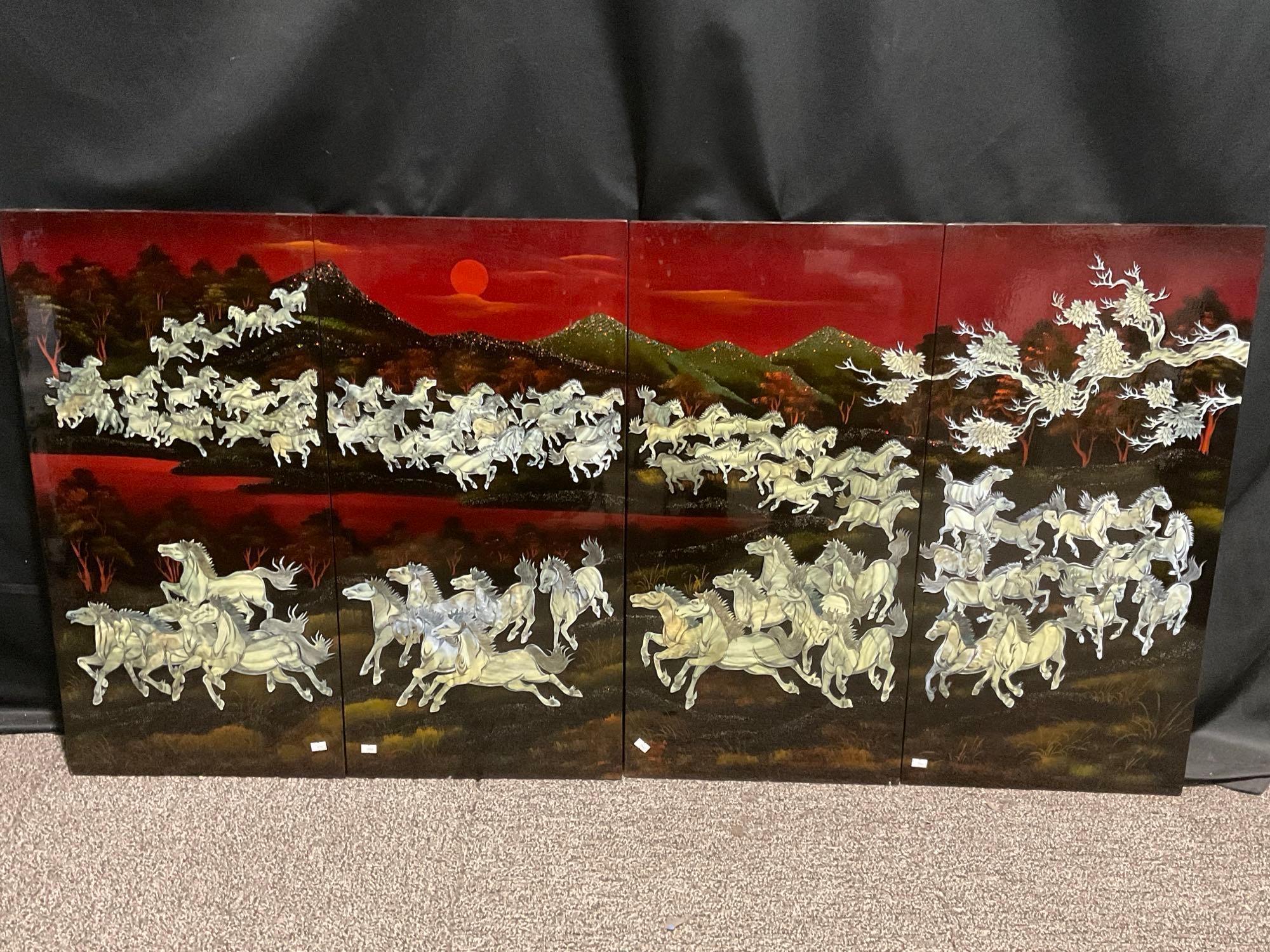 Stunning 4 Panel Art piece, Lacquered & Painted w/ MOP Inlaid Horses, ea. panel is 31.5h x 15.5w "