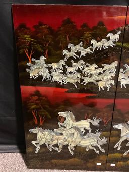 Stunning 4 Panel Art piece, Lacquered & Painted w/ MOP Inlaid Horses, ea. panel is 31.5h x 15.5w "