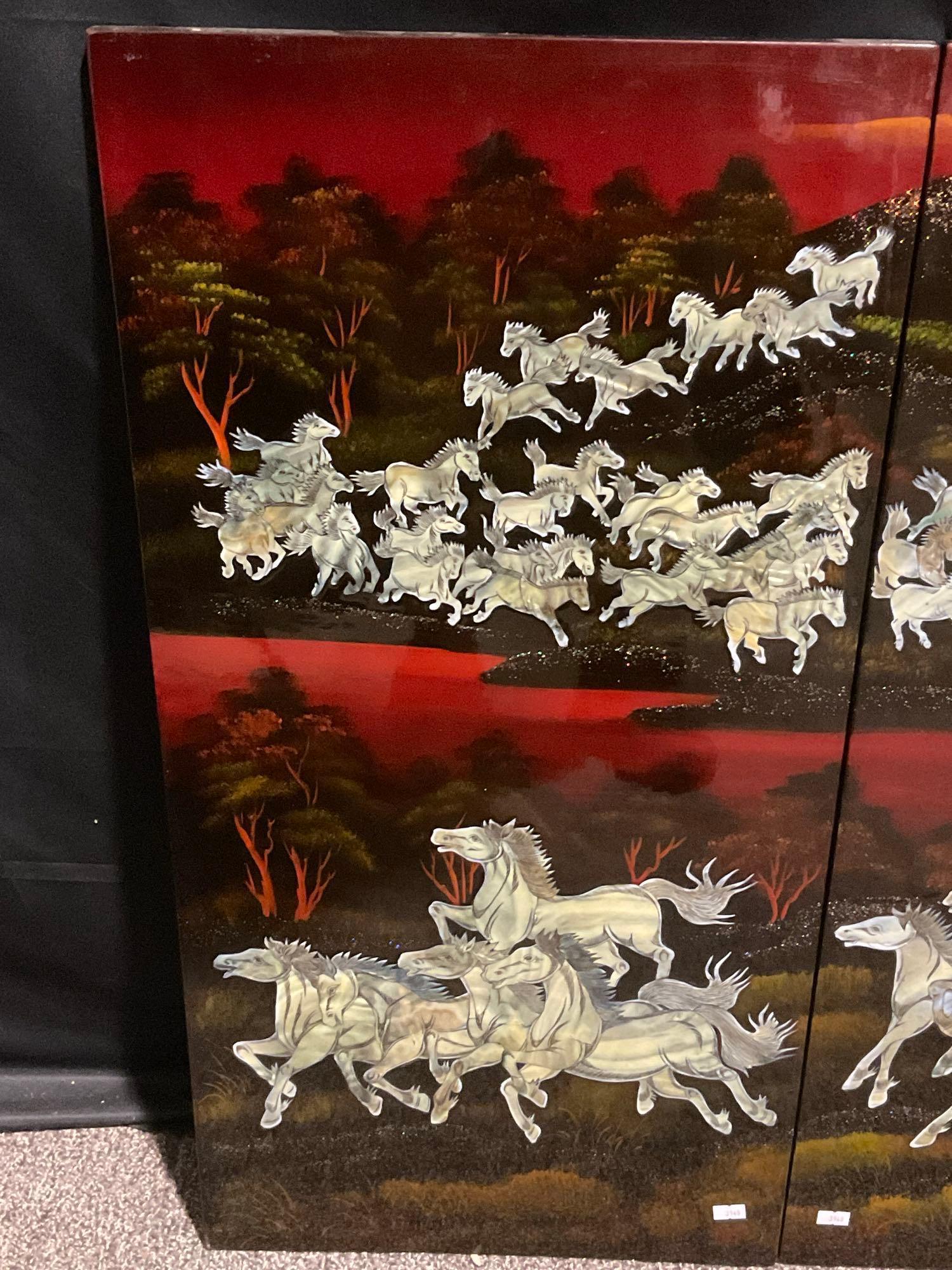 Stunning 4 Panel Art piece, Lacquered & Painted w/ MOP Inlaid Horses, ea. panel is 31.5h x 15.5w "