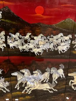 Stunning 4 Panel Art piece, Lacquered & Painted w/ MOP Inlaid Horses, ea. panel is 31.5h x 15.5w "