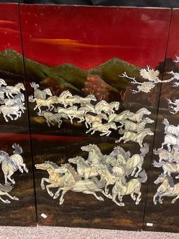 Stunning 4 Panel Art piece, Lacquered & Painted w/ MOP Inlaid Horses, ea. panel is 31.5h x 15.5w "