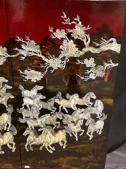 Stunning 4 Panel Art piece, Lacquered & Painted w/ MOP Inlaid Horses, ea. panel is 31.5h x 15.5w "