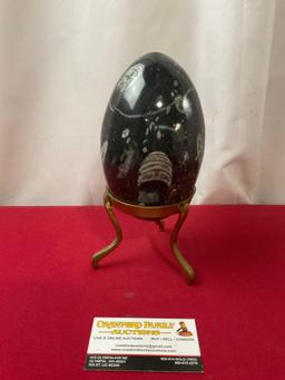Polished Marble Egg w/ Orthoceras Fossil Inclusions, Brass three prong stand, 8.5 inches tall
