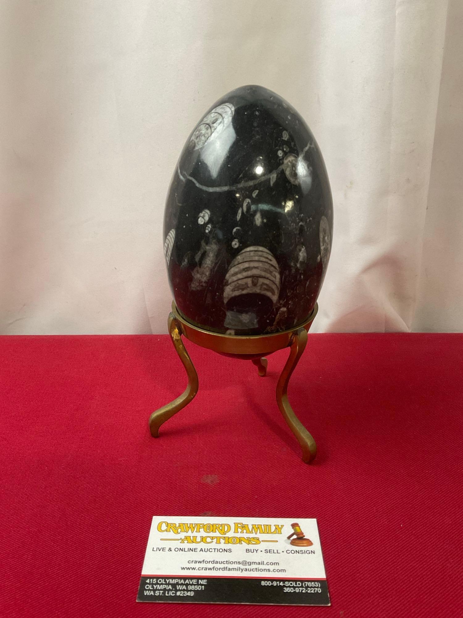 Polished Marble Egg w/ Orthoceras Fossil Inclusions, Brass three prong stand, 8.5 inches tall