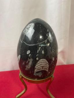 Polished Marble Egg w/ Orthoceras Fossil Inclusions, Brass three prong stand, 8.5 inches tall