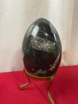 Polished Marble Egg w/ Orthoceras Fossil Inclusions, Brass three prong stand, 8.5 inches tall